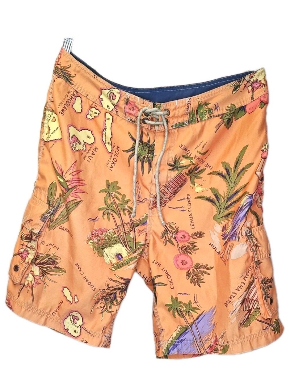 Vtg Y2K J Crew Hawaiian Board Shirts Sz 34/9" Orange Hawaii Map Hula Girl Floral